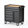 Servante d'atelier 80 x 45 x 95 cm en acier noir avec plateau en bois et roulettes