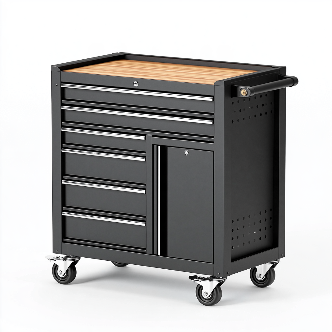 Servante d'atelier 80 x 45 x 95 cm en acier noir avec plateau en bois et roulettes