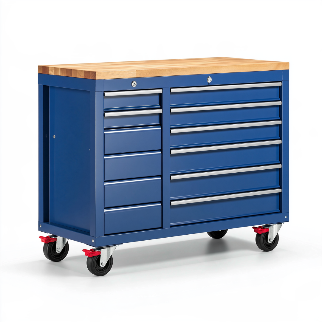Établi roulant 120 x 60 x 90 cm en acier bleu avec plateau en bois et 10 tiroirs
