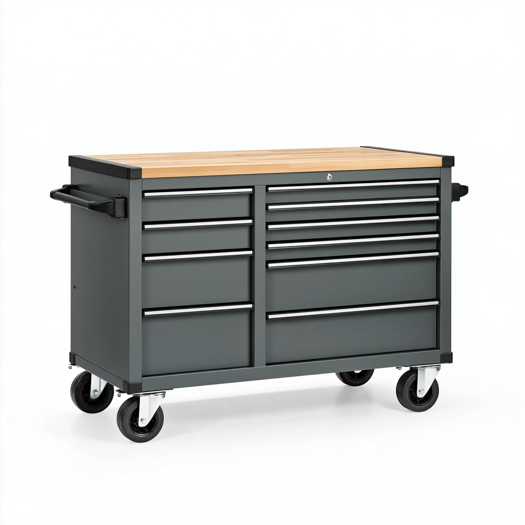 Servante d atelier 100 x 50 x 95 cm en acier gris anthracite avec plan de travail en bois et 10 tiroirs