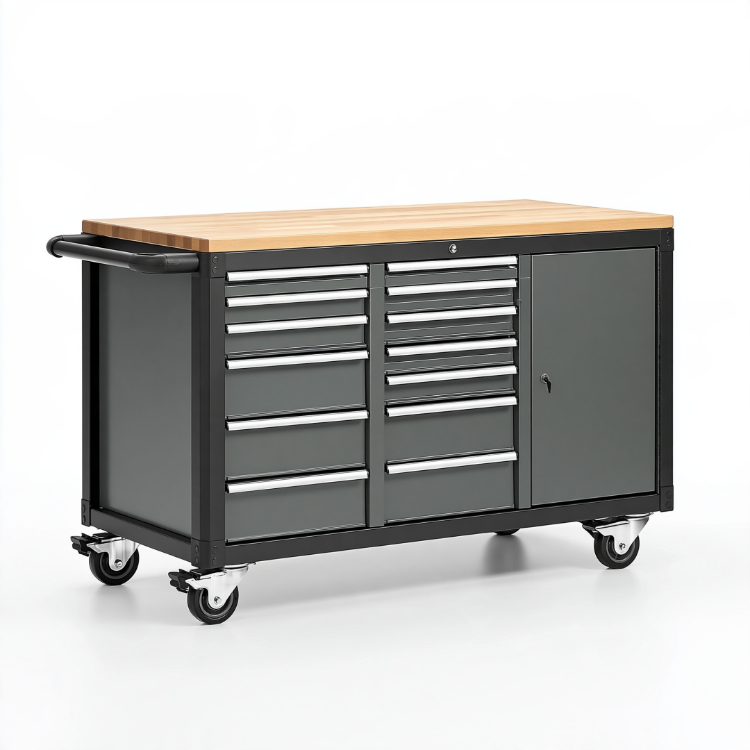 Servante d atelier 120 x 50 x 95 cm en acier gris anthracite avec plateau en bois et roulettes