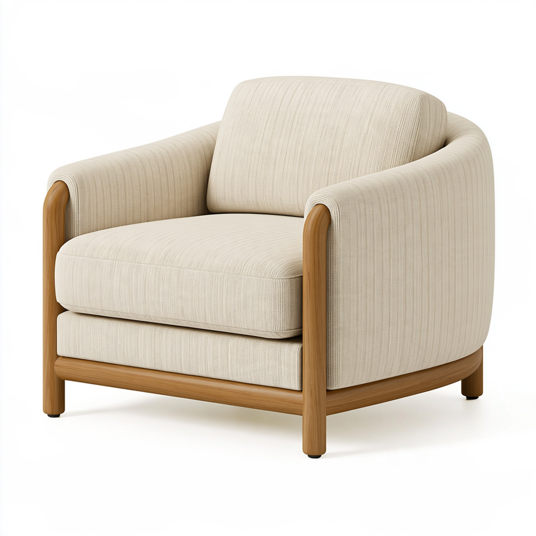 Fauteuil 85 x 82 x 78 cm en textile côtelé beige et bois style contemporain