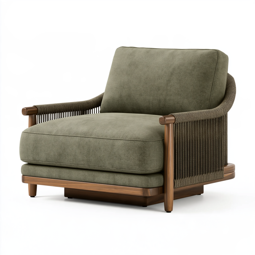 Fauteuil 90 x 85 x 82 cm en tissu vert olive et bois avec accoudoirs tressés