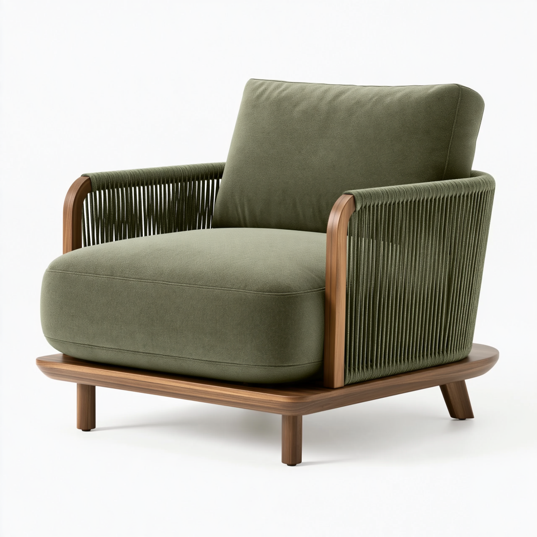 Fauteuil 95 x 85 x 82 cm en tissu vert kaki et bois avec accoudoirs tressés style contemporain