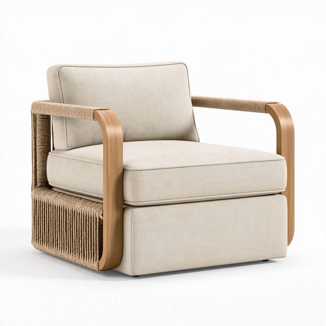Fauteuil de jardin 78 x 82 x 86 cm en bois et corde tressée écru naturel avec coussins
