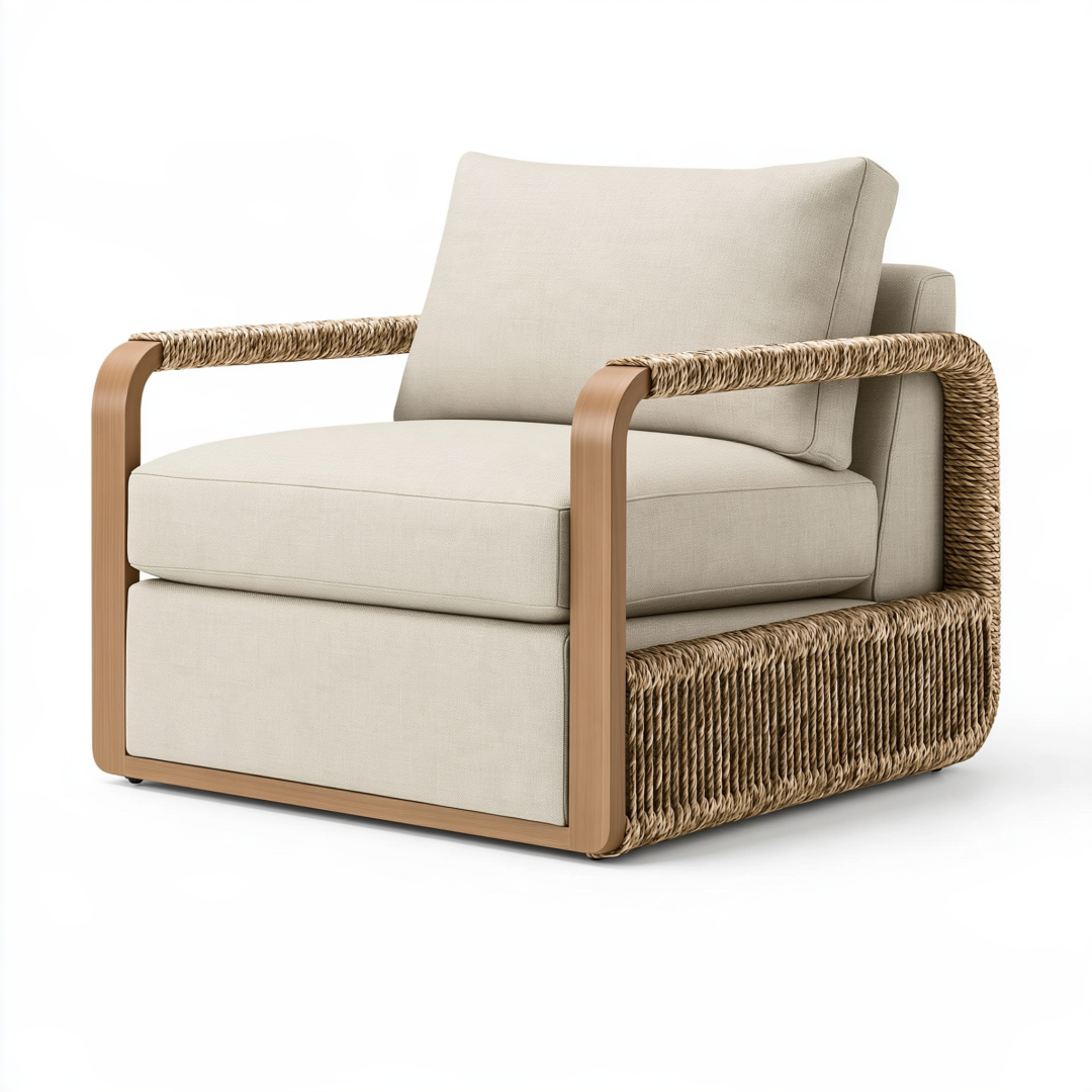 Fauteuil de jardin 80 x 85 x 82 cm en bois et fibres tressées beige style naturel