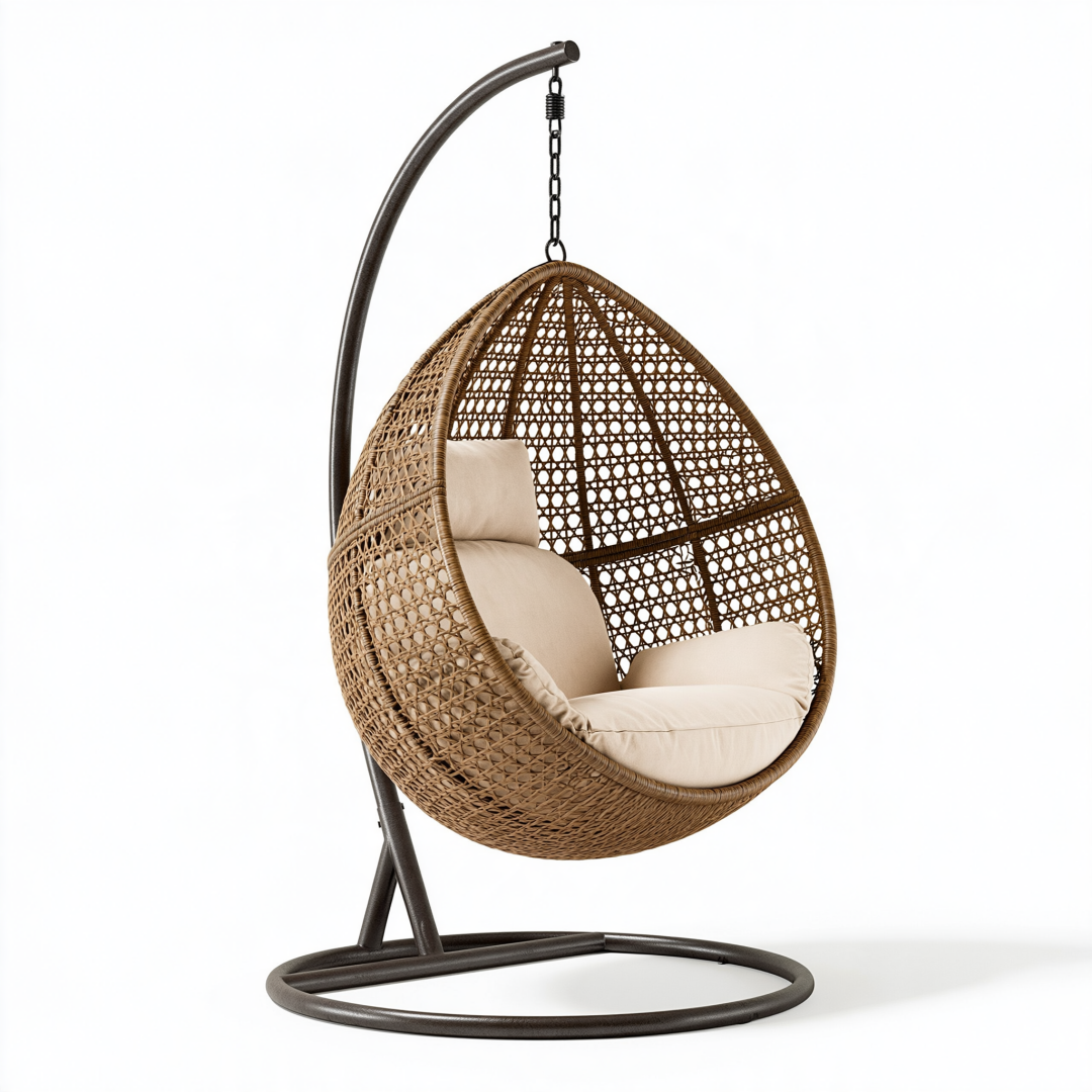 Fauteuil suspendu diamètre 105 cm hauteur 195 cm en rotin brun avec support en acier style bohème