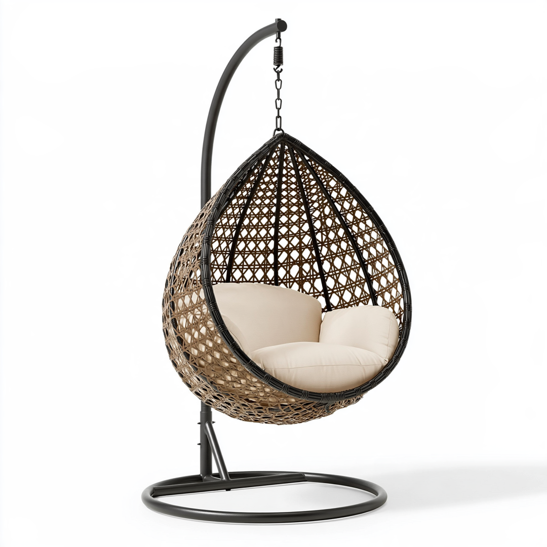 Fauteuil suspendu 105 x 105 x 195 cm en résine tressée noir naturel avec support métallique