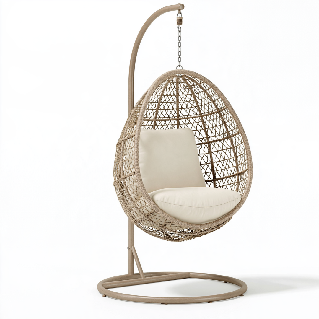 Fauteuil suspendu 105 x 105 x 195 cm en résine tressée beige avec support pour intérieur et extérieur abrité