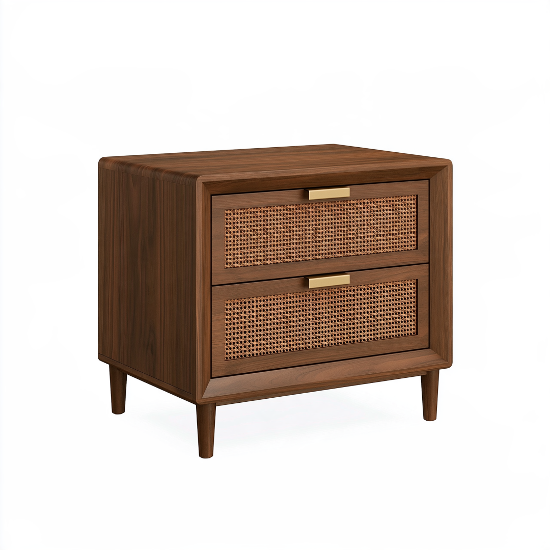 Table de chevet 60 x 40 x 60 cm en bois marron avec cannage style rétro à 2 tiroirs