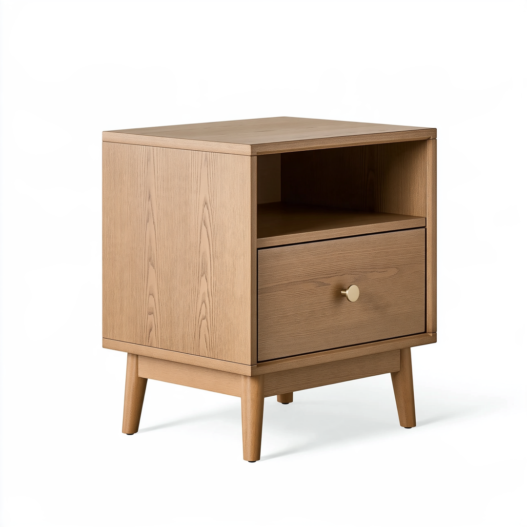 Table de chevet 45 x 40 x 60 cm en bois marron clair avec tiroir et niche style scandinave