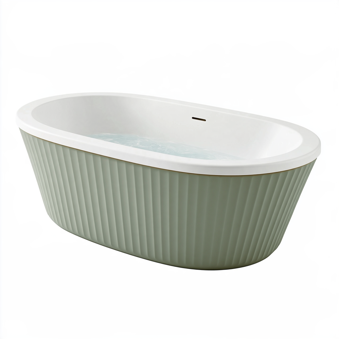Baignoire îlot 170 x 75 cm acrylique vert sauge et blanc - style contemporain nervuré